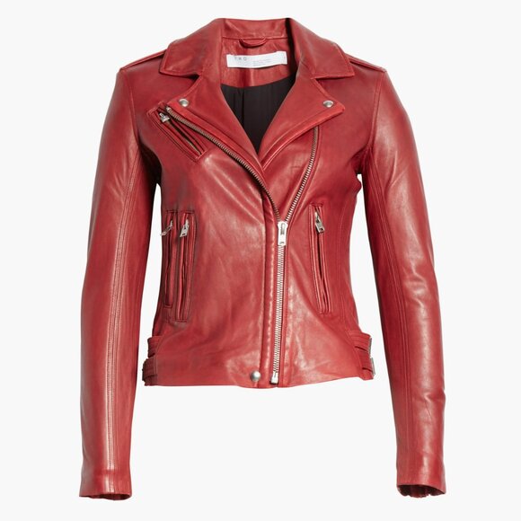 $1200 IRO Red Leather Han Slim Cropped Zip Moto Jacket size 2/IT 38 - Picture 2 of 15